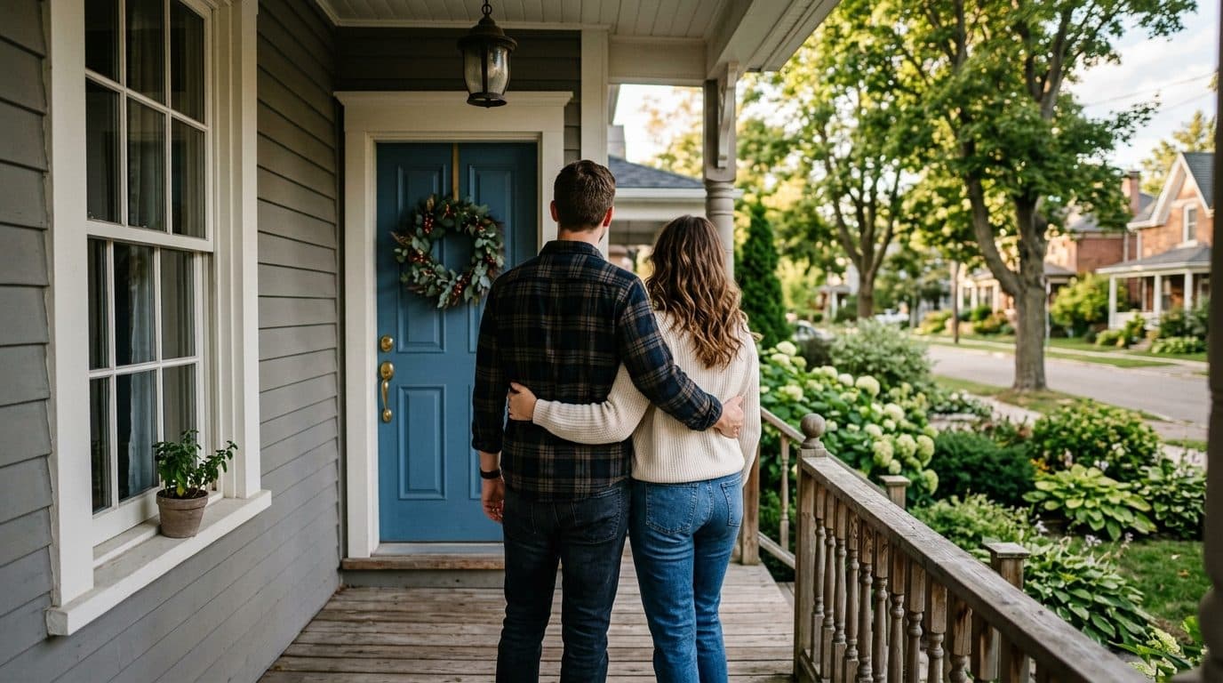A couple on the porch of their first Ontario home, seen from behind.
