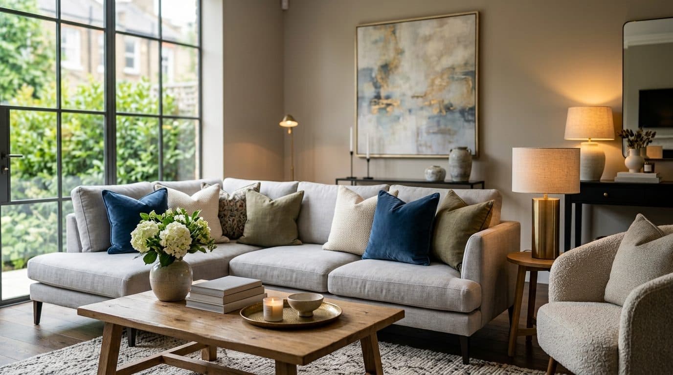 A living room staged and lit for listing photography in a GTA home