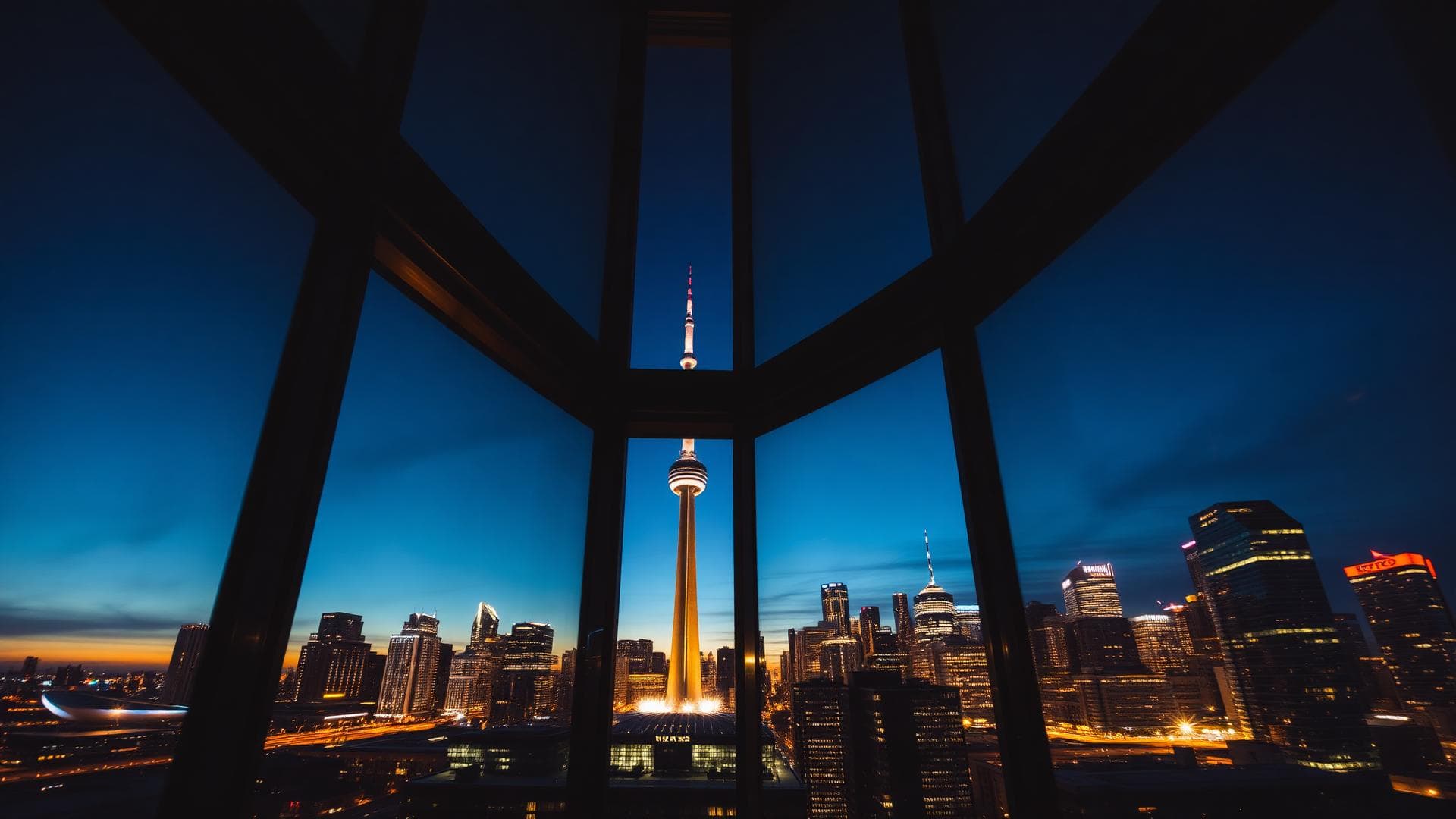 The Toronto skyline and the CN Tower at blue hour, seen through the steel mullions of a high window — the market these rankings are measured in.
