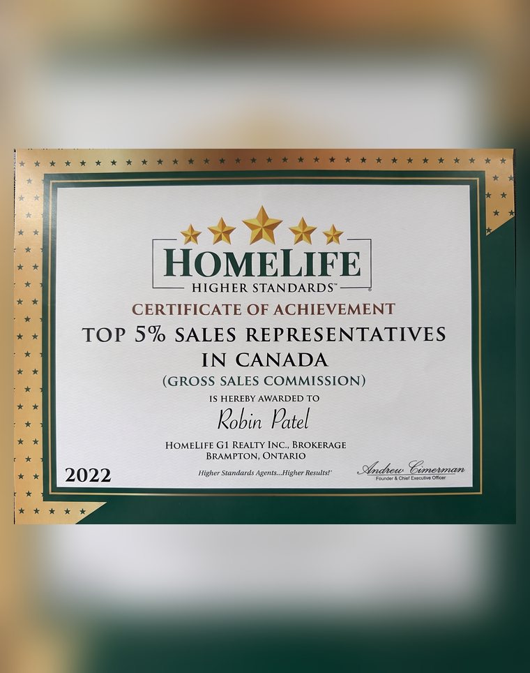 HomeLife certificate of achievement: Top 5% Sales Representatives in Canada (Gross Sales Commission), awarded to Robin Patel, HomeLife G1 Realty Inc., Brokerage, Brampton, Ontario, 2022.